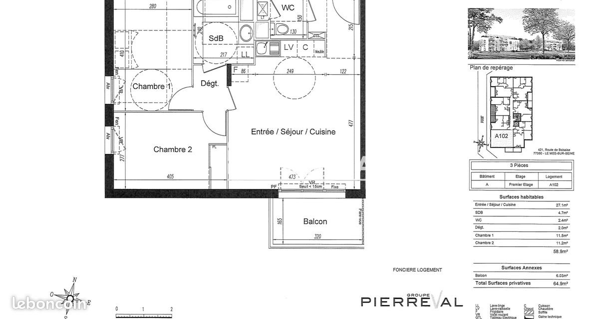 Appartement 3 pièces 59 m² · au Mée-sur-Seine · 59 m² · 861 €/mois
