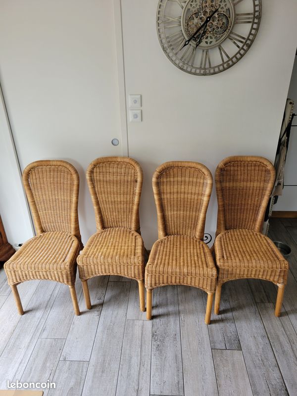 Lot de 4 chaises en rotin naturel tressé – Dossier haut – Style vintage (esprit colonial) (image 1)