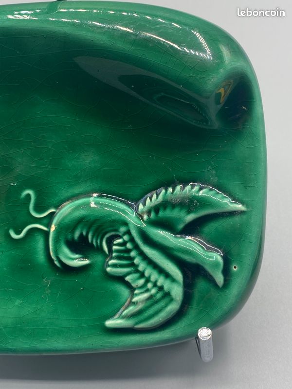 Cendrier de salon Mid Century en céramique vert émeraude – Oiseau en relief – dans le goût de Vallauris (image 2)