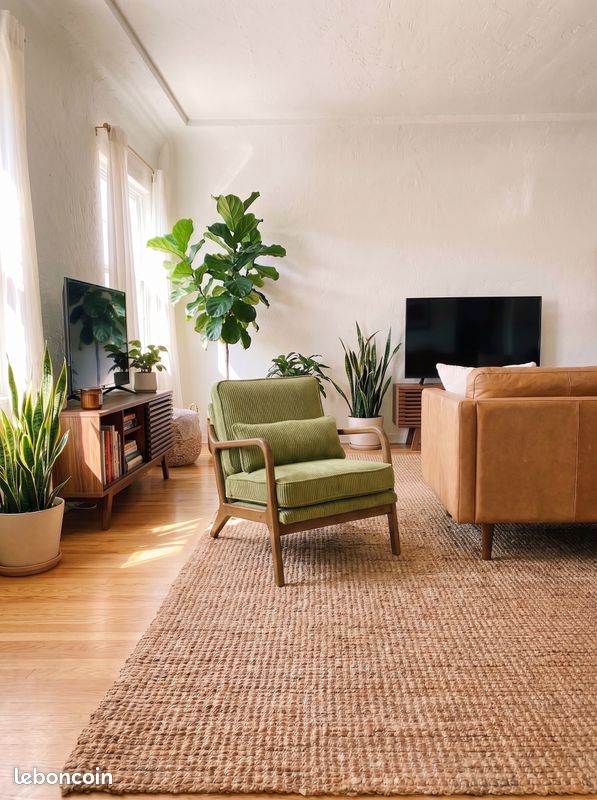 Fauteuil rétro en velours côtelé vert olive et structure bois (image 3)