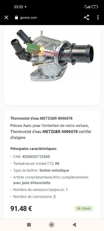 Thermostat d'eau METZGER 4006078 neuf - Équipement auto