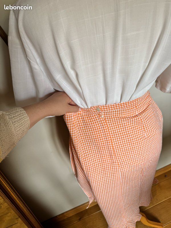 Jupe Taille Haute Courte Vichy Blanche et Orange Vintage Années 80 Blanche Porte - Vêtements