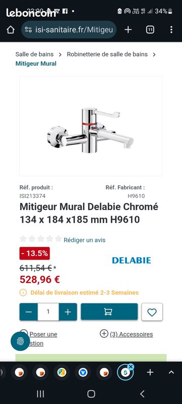 Mitigeur robinet Delabie H9610 thermostatique sequentiel mual (image 1)