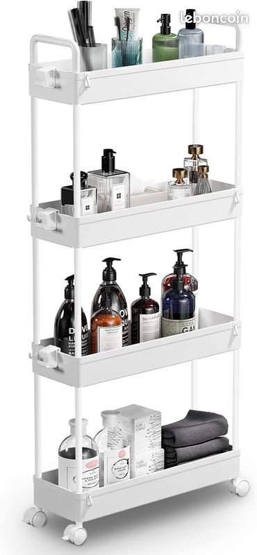 Chariot de Rangement Mobile à 4 Niveaux – Étagère Coulissante Gain de Place pour Cuisine, Salle de Bain et Buanderie – Blanc (image 1)