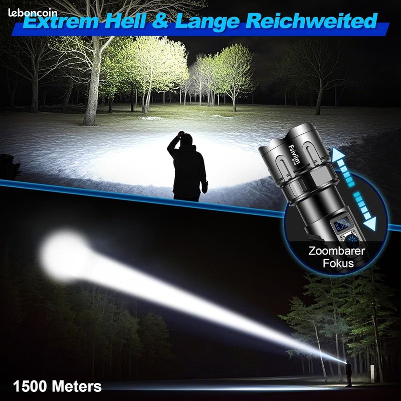 Lampe Torche Tactique LED Haute Puissance, Zoomable, étanche, 5 Modes, Neuve