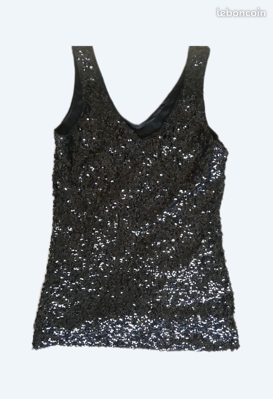 Top débardeur noir brillant à sequins (paillettes) MANER - taille 1 - col V pour fêtes, soirées, cérémonies... (image 1)