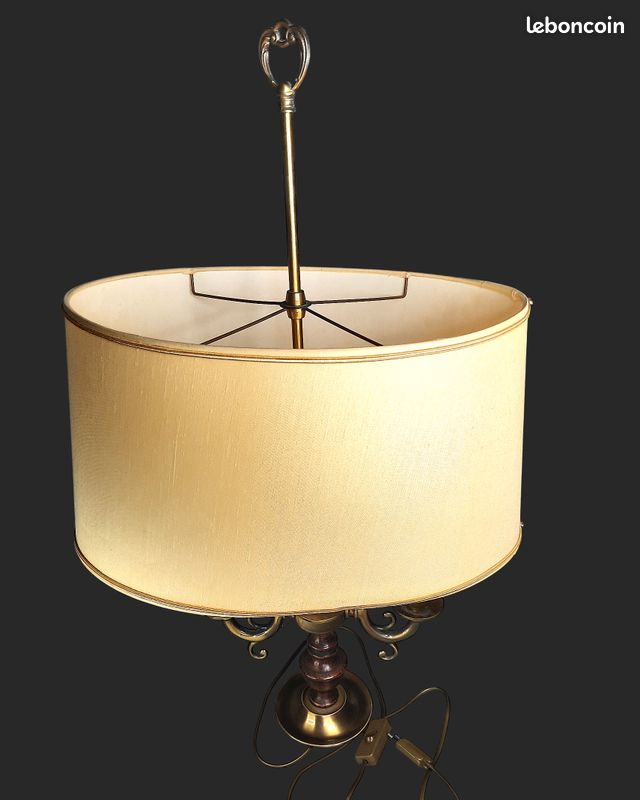 Ancienne et très belle lampe bouillotte Vintage Vacman France laiton & bois tourné 76 cm (image 8)