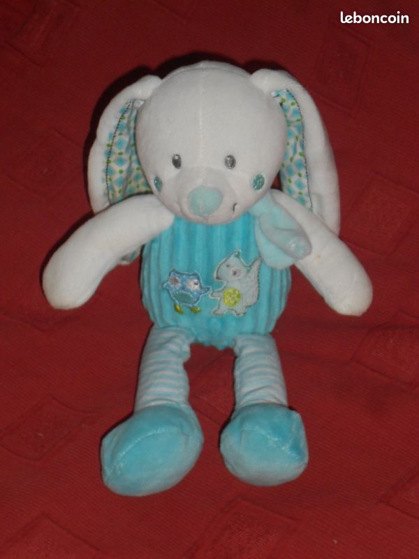 Doudou peluche lapin bleu hiboux mots d'enfants (image 1)