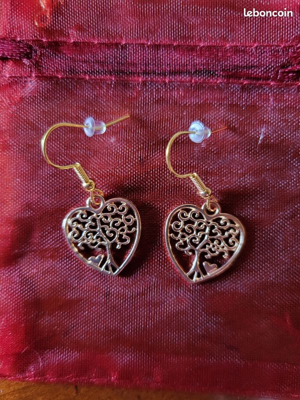 Boucles D'oreilles Coeur Arbre De Vie Avec Perles - Couleur Argent Et Vert, Clips, Neuves Sans Emballage
