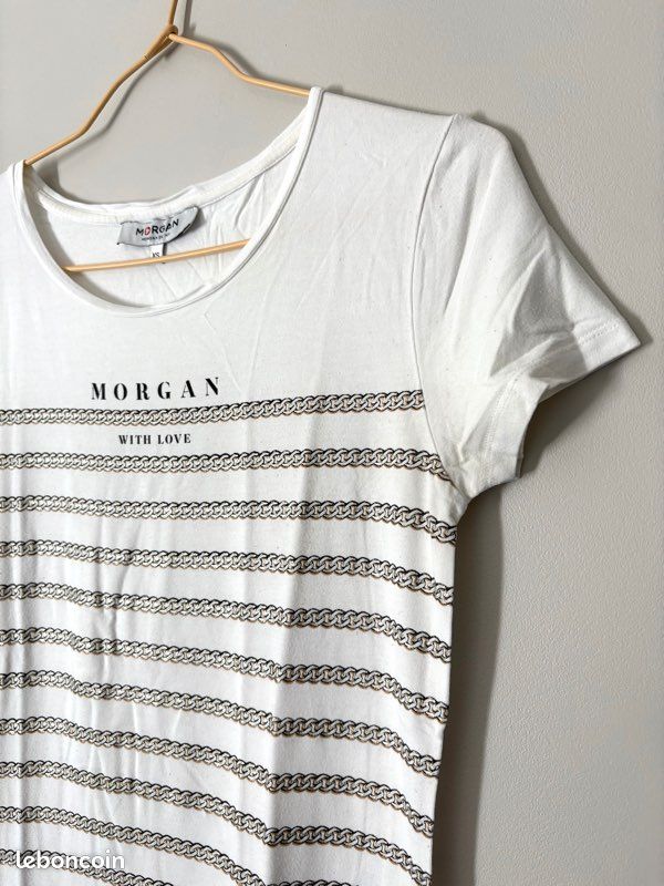 T-shirt Blanc Manches Courtes Morgan - Taille M - Occasion Très Bon État - Pour Femme