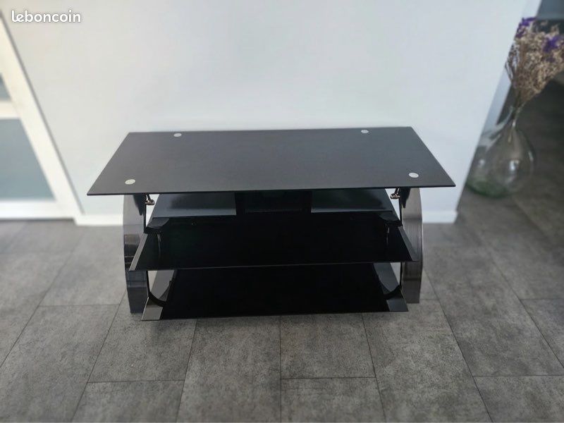 Meuble TV design verre trempé noir et métal chromé (image 1)