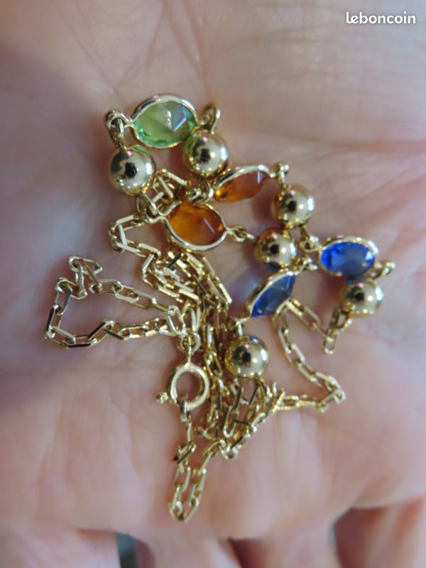 Collier Chaîne Pendentif En Plaqué Or Avec Multi-pierres - Bijou Occasion - Style Ethnique Ou Chic