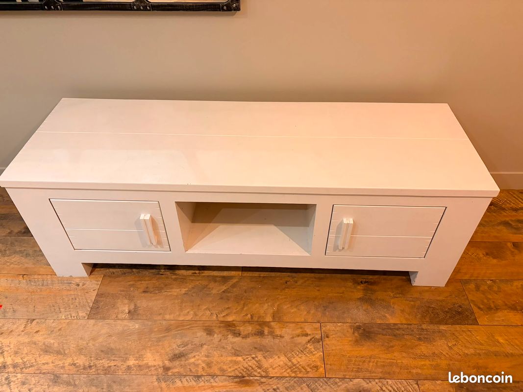 Meuble TV / Banc TV en bois massif peint blanc (image 1)