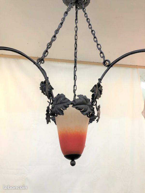 Lustre / suspension ART DECO fer forgé et pâte de verre signé SCHNEIDER (image 9)