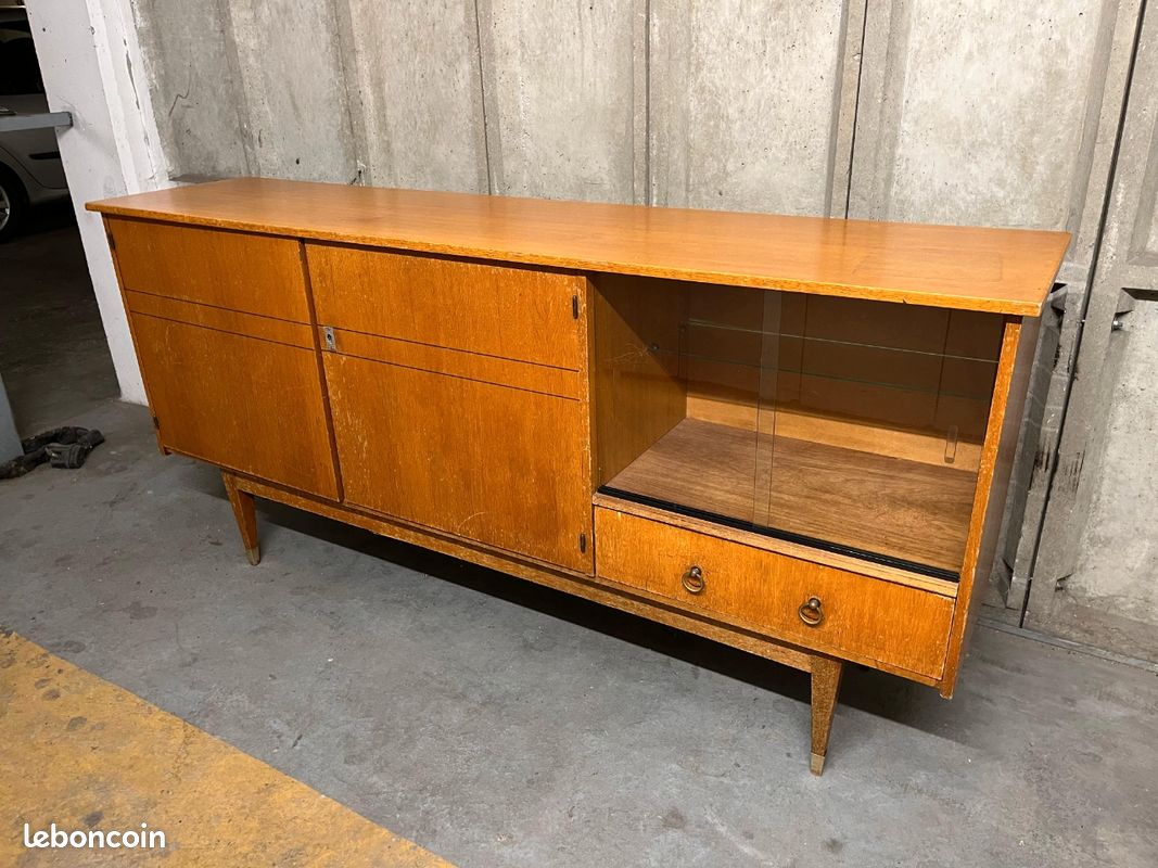 Buffet Bas Pied Compas - Style Années 60 - 180cm - 8 étagères - Occasion