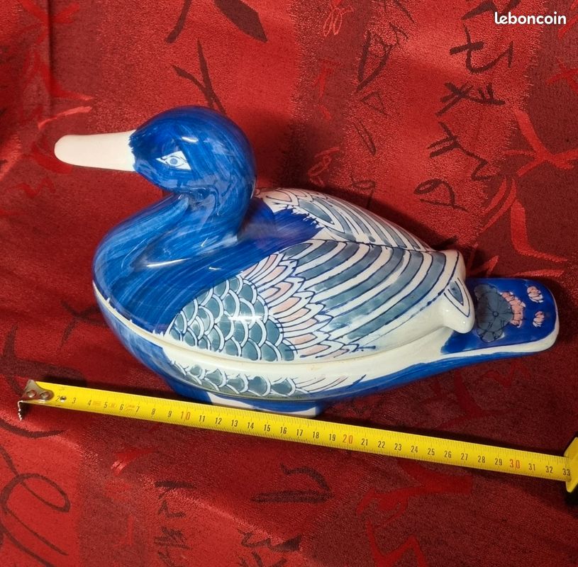 Soupière ou boîte à terrines faïence, porcelaine vintage en forme de canard bleu fabriquée en Chine (image 1)