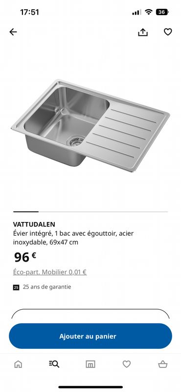 VATTUDALEN Évier intégré, 1 bac avec égouttoir, acier inoxydable, 69x47 cm  - IKEA