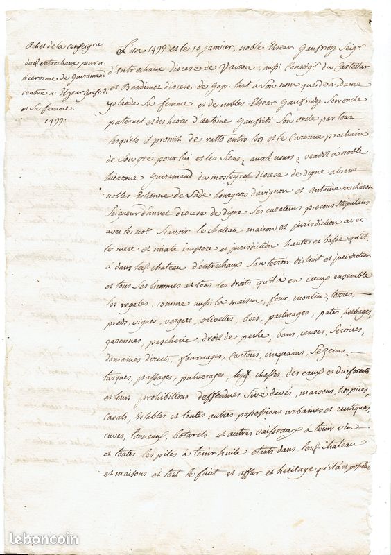Copie de l'Acte de vente du CHÂTEAU D' ENTRECHAUX 1499 [ ENTRECHAUX VAUCLUSE] (image 1)