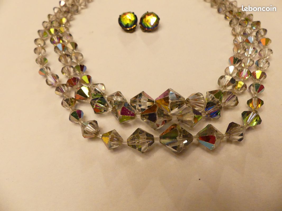 Collier Ancien En Cristal à Facettes Irisé - Longueur 45 Cm - Occasion - Blanc éclatant