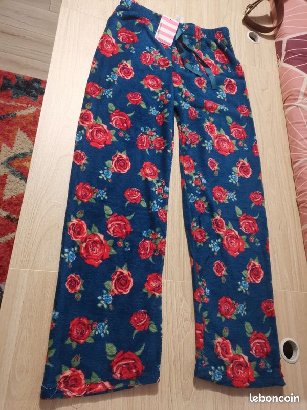 Bas de pyjama femme pantalon pilou pilou neuf bleu motif rose