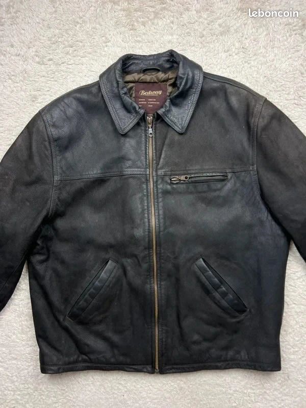 Blouson cuir vintage Bestway marron foncé poches inclinés taille L homme (image 2)