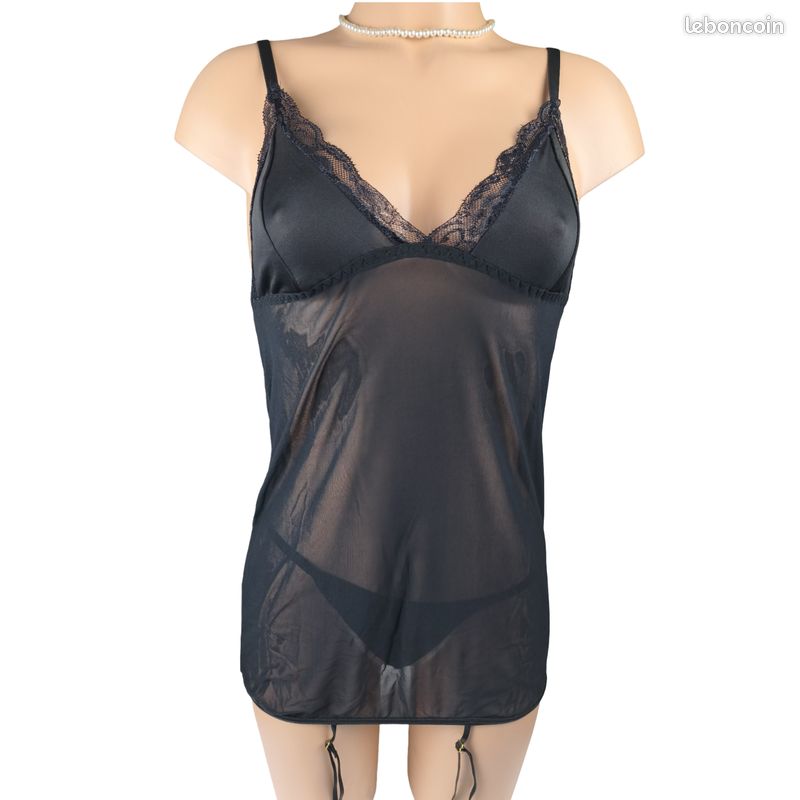 Nuisette Porte-jarretelles Noire René Rofé Avec String - Réf REN51012-BLK - Neuf Avec étiquettes