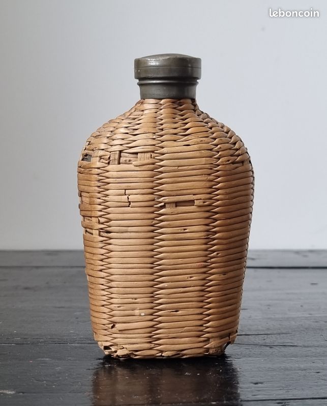 Gourde Vintage En Verre Et Cuir - Flacon De Poche - Design Français 1940-60