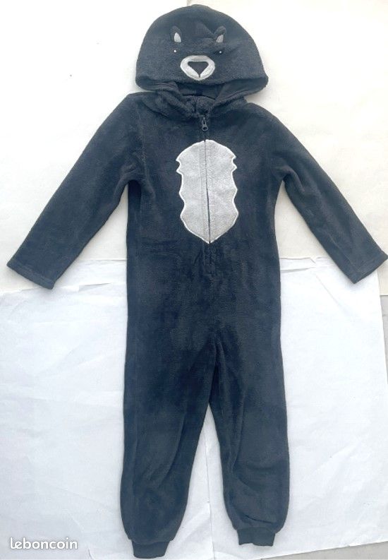 Pyjama combinaison à capuche déguisement peluche ours gris brodé 6 ans 114 cm 119 cm, quasi NEUF (image 1)