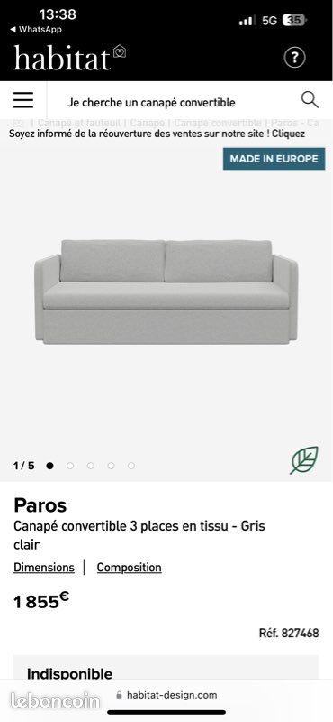 Canapé Habitat modèle Paros convertible couleur gris (image 1)