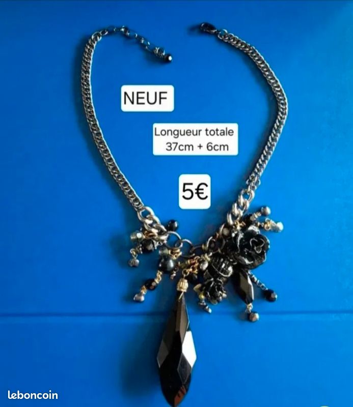 Collier Fantaisie Femme Avec Pendentif Noir Et Gris - Neuf Avec étiquettes, Métal Traité Anti-allergie