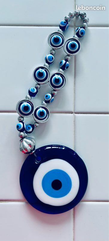 Lot de 3 décorations murales en verre turc contre le mauvais œil – Cadeau de collection pour maison, voiture (bleu