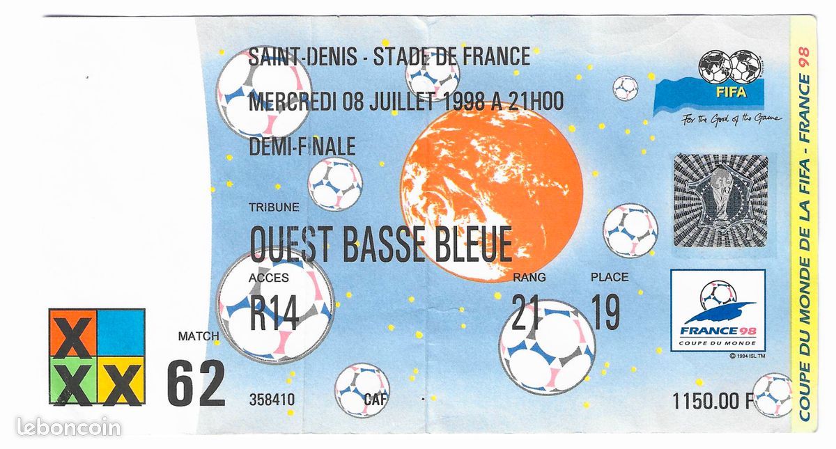 Billet Original DEMI-FINALE France / Croatie - Coupe Du Monde 1998 - Collection