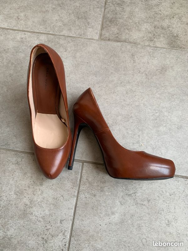 Escarpins ZARA à Lanières En Cuir Marron - Talons 9,5 Cm - Taille 37 - Occasion