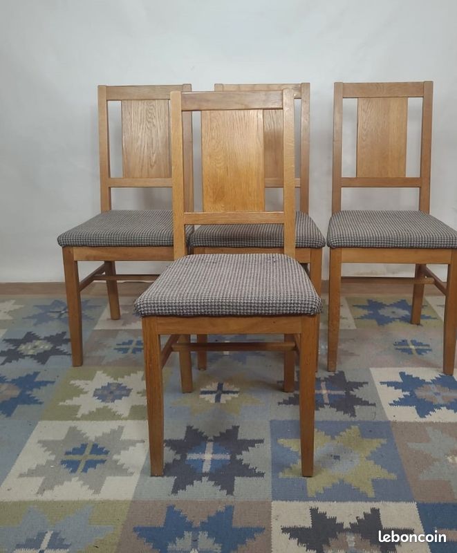 Lot de 4 chaises Brutalistes en chêne et tissu à carreaux, Danemark, années 1960 (image 3)