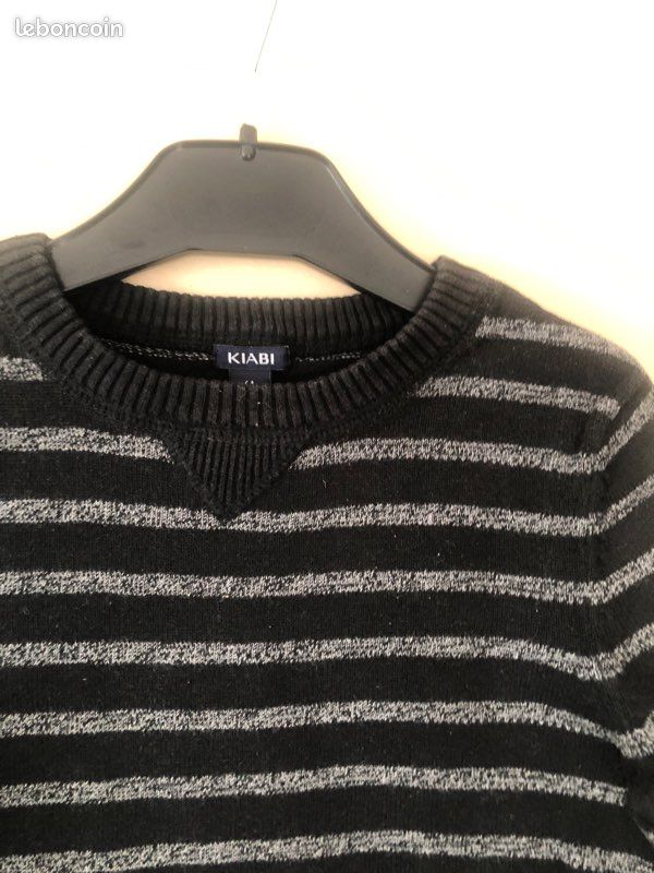 Pull Col Zippé Rayé Noir Et Gris XG Taille L Ado Garçon - 100% Coton, Neuf Avec étiquettes