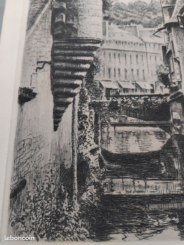 Gravure - Quimper, vieilles maisons sur le Steïr - Signé ROBIN (image 7)