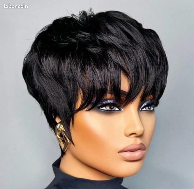 Perruque Courte Femme Pixie Noir Cheveux Humains - Neuve Sans étiquettes, Avec 4 Bonnets