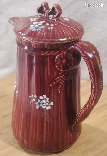 Ancien Rare Cafetière Rouge A Couvercle Barbotine Fleurs Émaillée KG LUNÉVILLE (image 10)