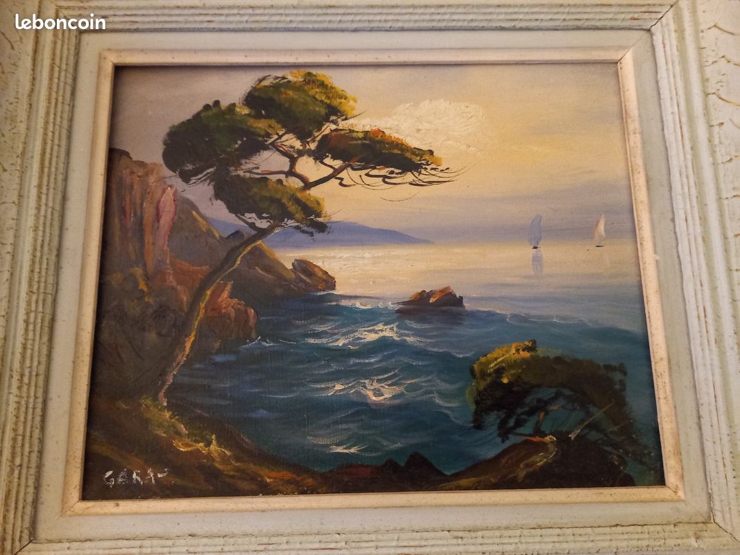 Tableau coucher de soleil au bord de mer signé - Collection