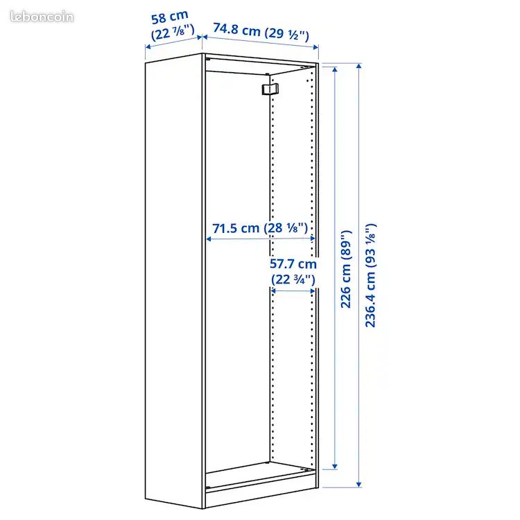 NEUF Caisson blanc Pax Ikea 75x58x236 cm + tringle Komplement 75cm (image 2)