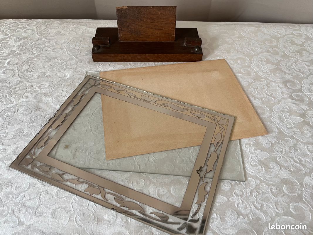 Cadre photo ancien réversible, en verre miroir et bordeaux, porte photo à poser Art Déco (image 4)