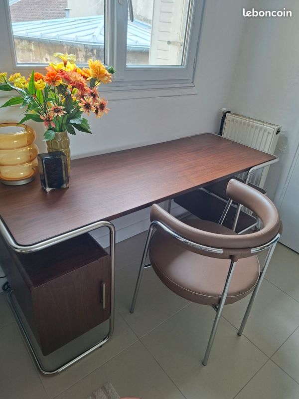 Fauteuil de bureau Jubo AMPM — Chrome & cuir brun (État neuf) (image 2)