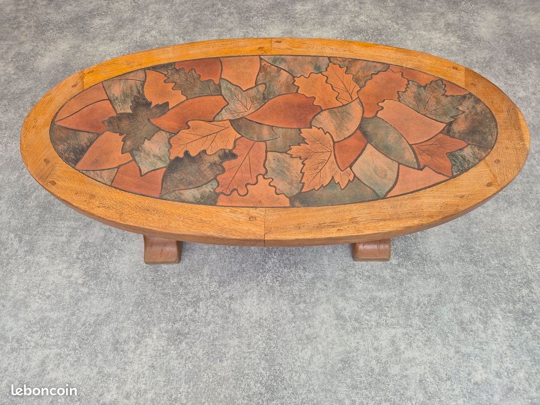Table basse signée Barrois – Chêne massif & céramique Vallauris (image 3)