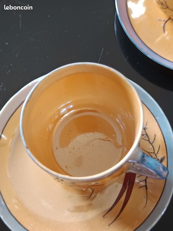 7 tasses et sucrier porcelaine japonaise Décor délicat d’oiseaux exotiques sur branches fleuries, (image 12)