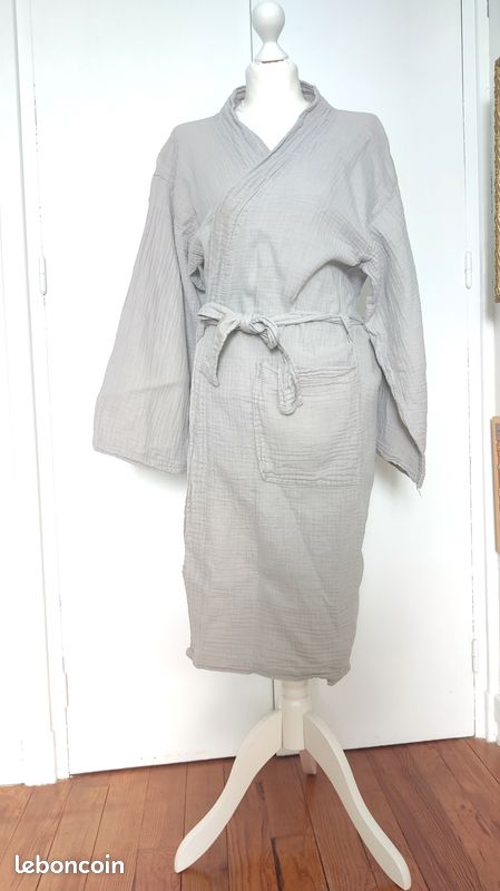 💛 Peignoir coupe kimono mixte en gaze de coton - gris taupe - taille L/XL 💛 (image 2)