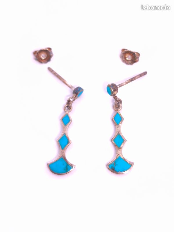Boucles D'oreilles Vintage En Argent 925 Avec Turquoises Howlite - 28x13mm - Puces