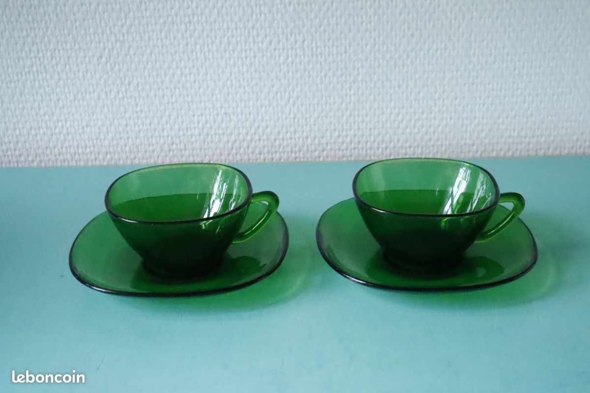 Lot De 6 Tasses à Café Vintage VERECO En Verre Trempé Vert - Très Bon état - Occasion