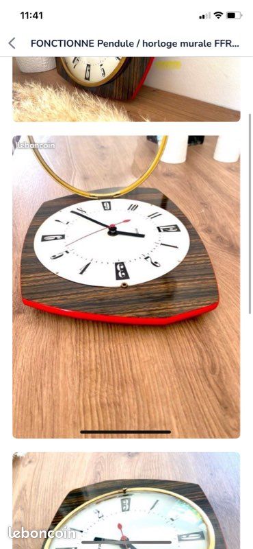 FONCTIONNE Pendule / horloge murale FFR Formica marron rouge 1950-1970 (vintage 50s-70s) #61 (image 7)