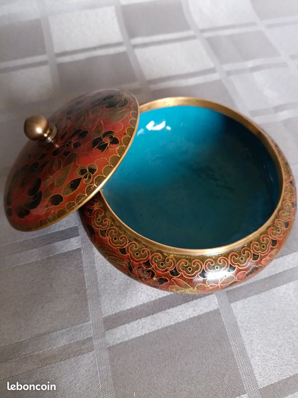 Pot à gingembre / Bonbonnière ancien email cloisonné et laiton Chine diamètre 12,5 cm (image 4)
