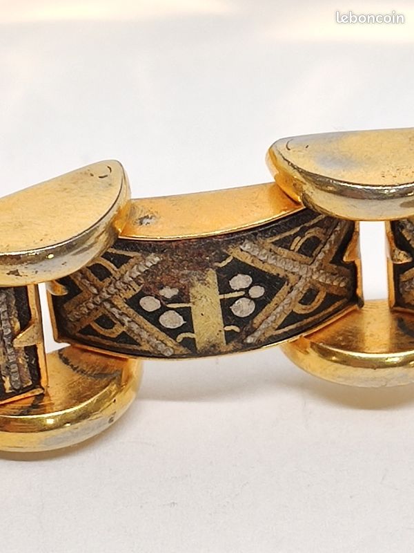 Bracelet Vintage Or De Tolède - Maillons Ovales Noirs Et Or Gravé A27 - Occasion Bon état